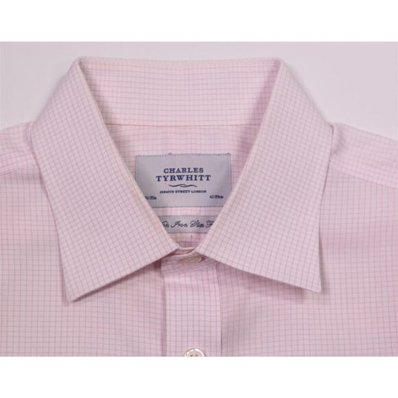 Charles Tyrwhitt White/Pink Check Non-Iron Slim Cotton Dress Shirt (42) 16.5-35 - Picture 5 of 7